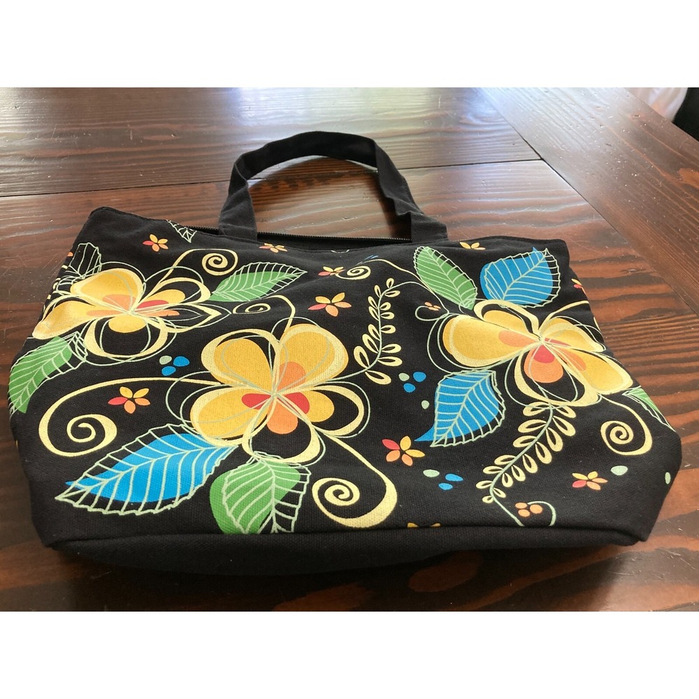 Island Impressions Hawaiian‎ Floral Purse Tote Travel Bag Black Blue Yellow